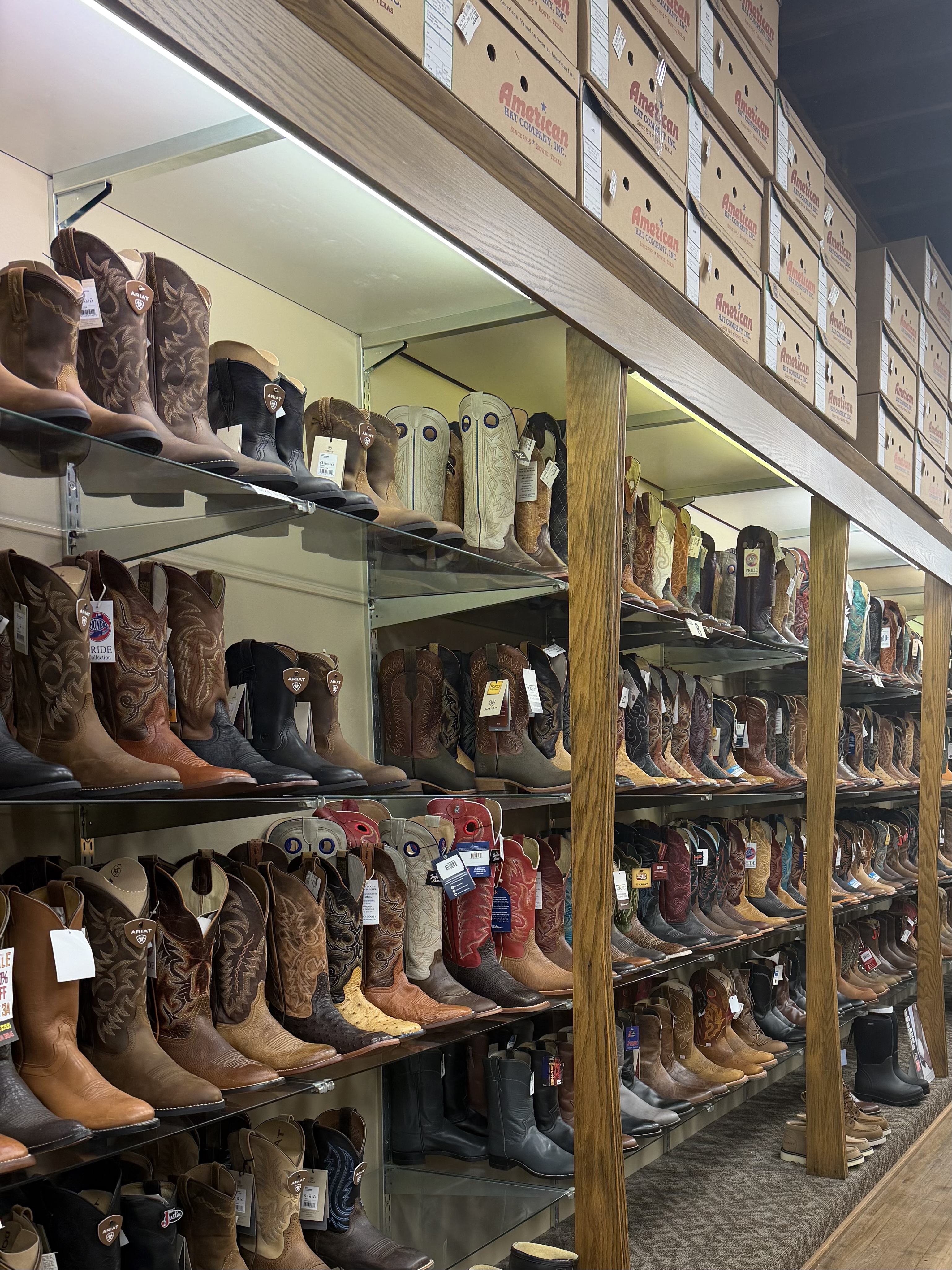 Walls of western boots at Lou Taubert's